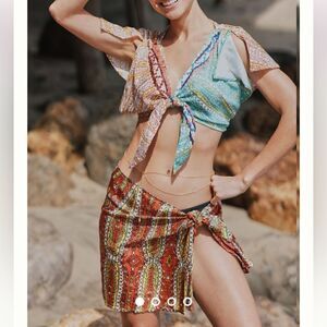 Anthropologie NWT Sz L Boho Yellow Rust Two-Piece Twist Top Wrap Swim Skirt